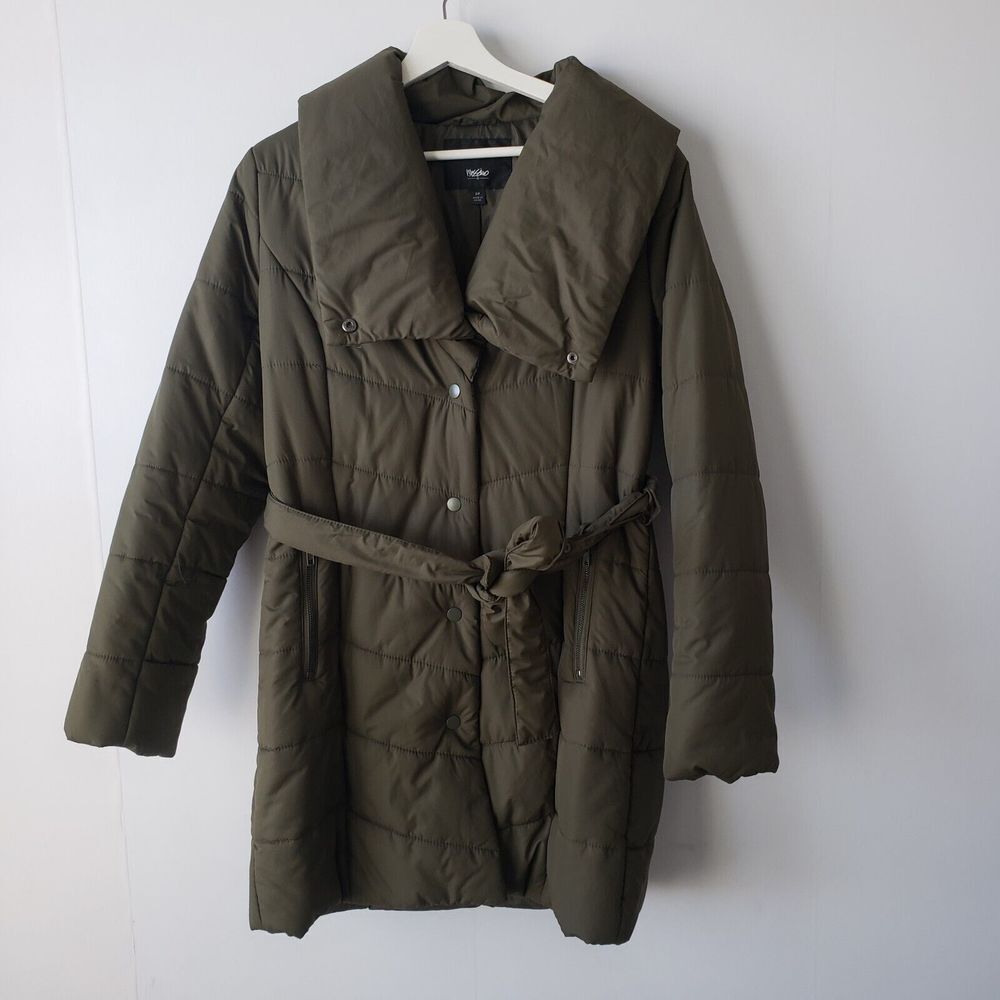 Mossimo women's cowl neck medium length olive green quilted jacket size S